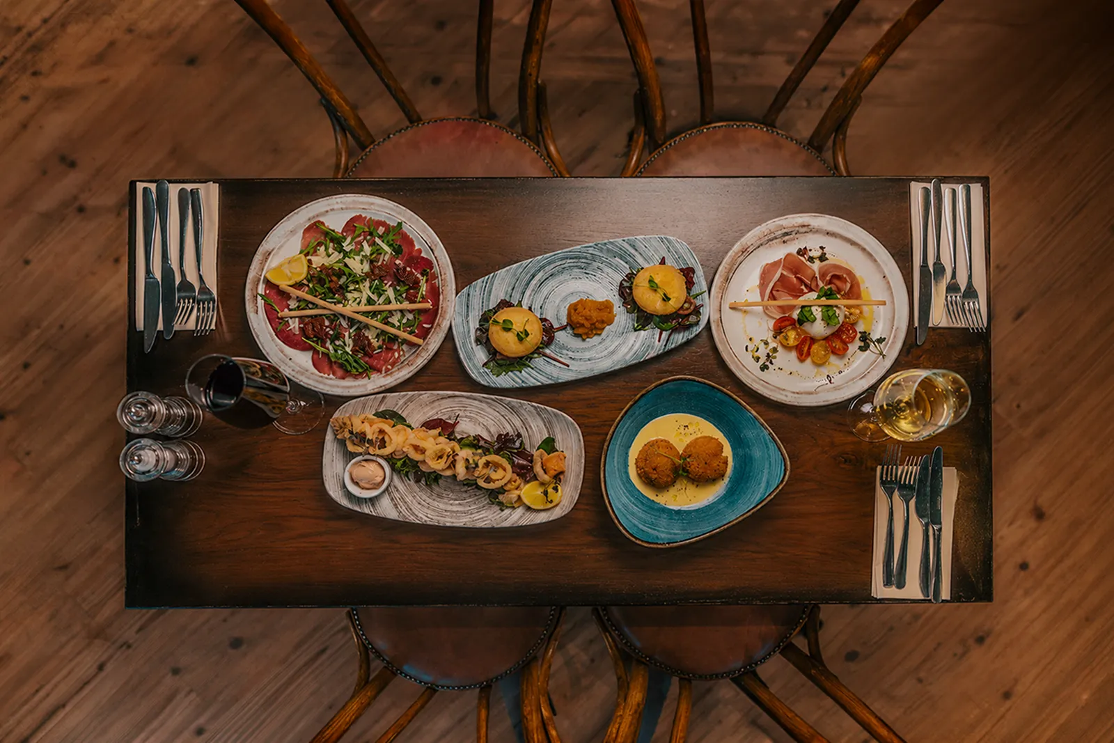 Selection of authentic Italian antipasti and starters served with Italian wines at Little Italy York