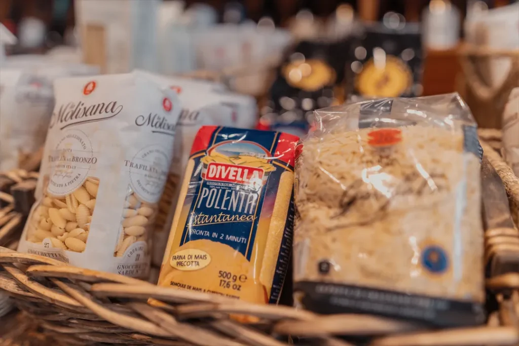 Imported Italian pantry ingredients including pasta and polenta at Little Italy deli in York