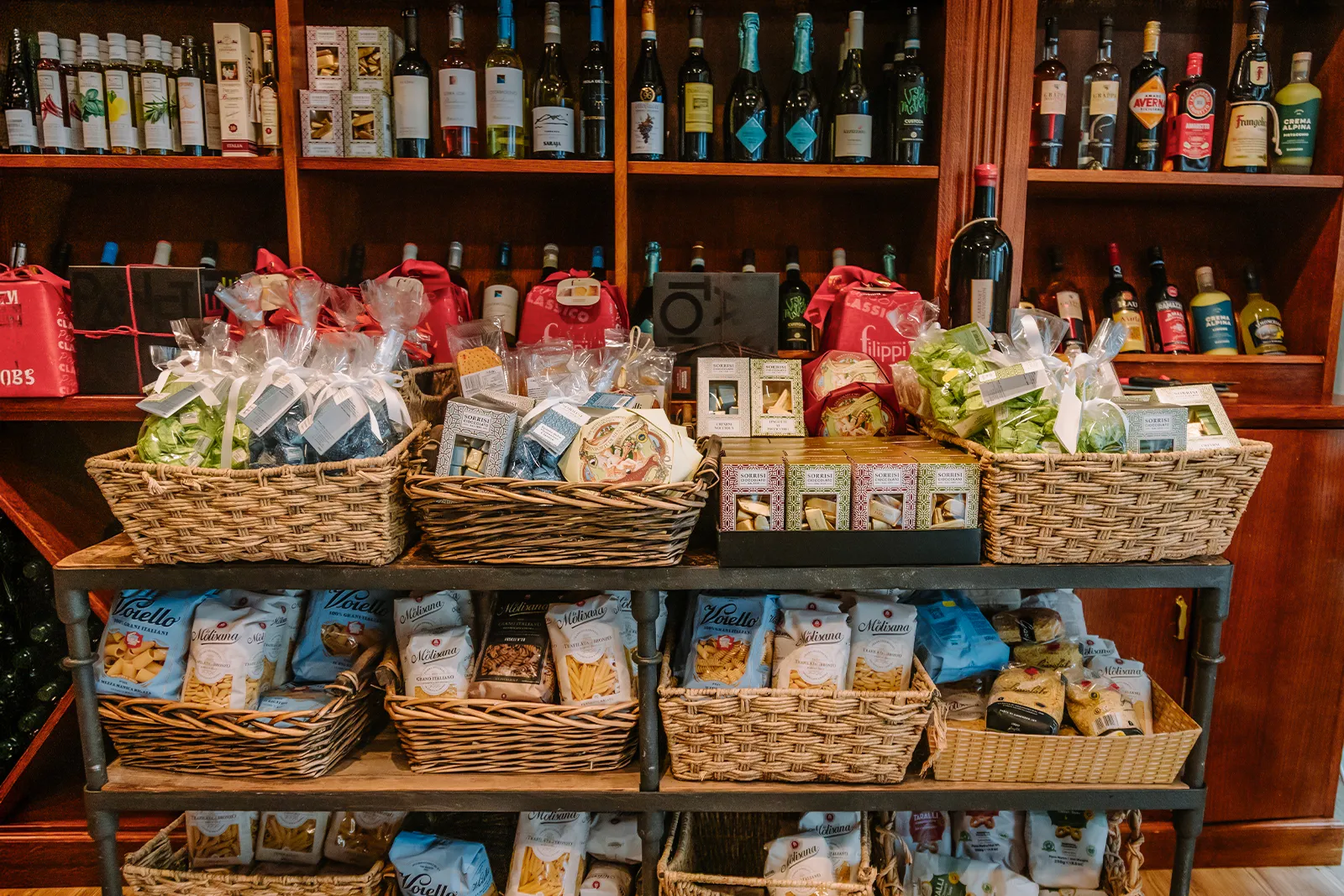 Italian deli display with gift hampers, wines and artisan pasta at Little Italy in York