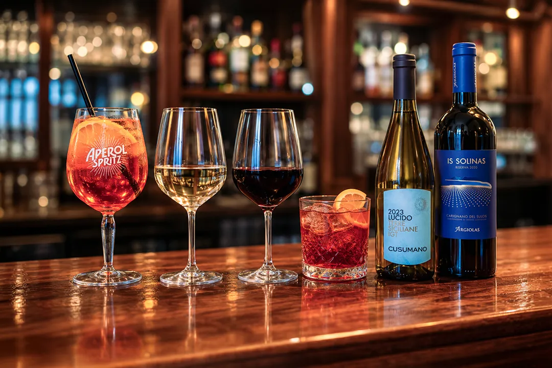 Italian wines and handcrafted cocktails including an Aperol Spritz displayed at Little Italy in York