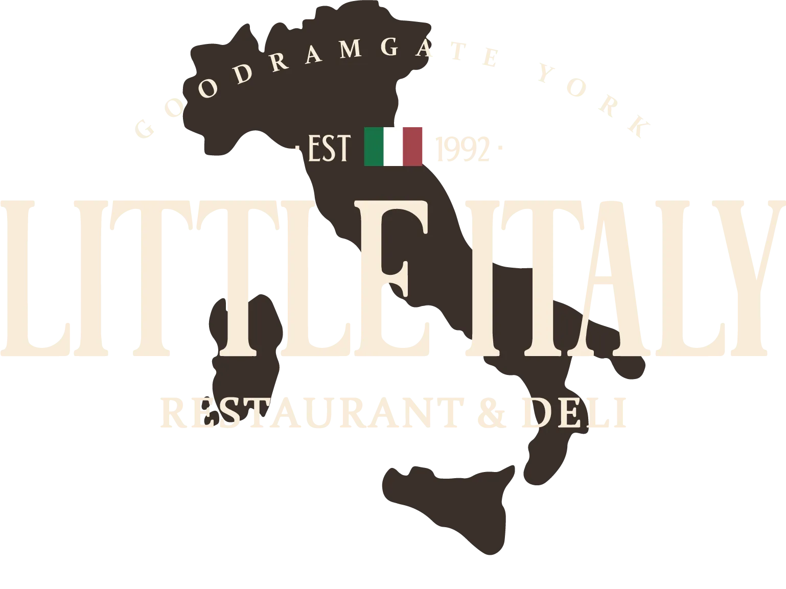 Official Little Italy Restaurant & Deli logo featuring the outline of Italy